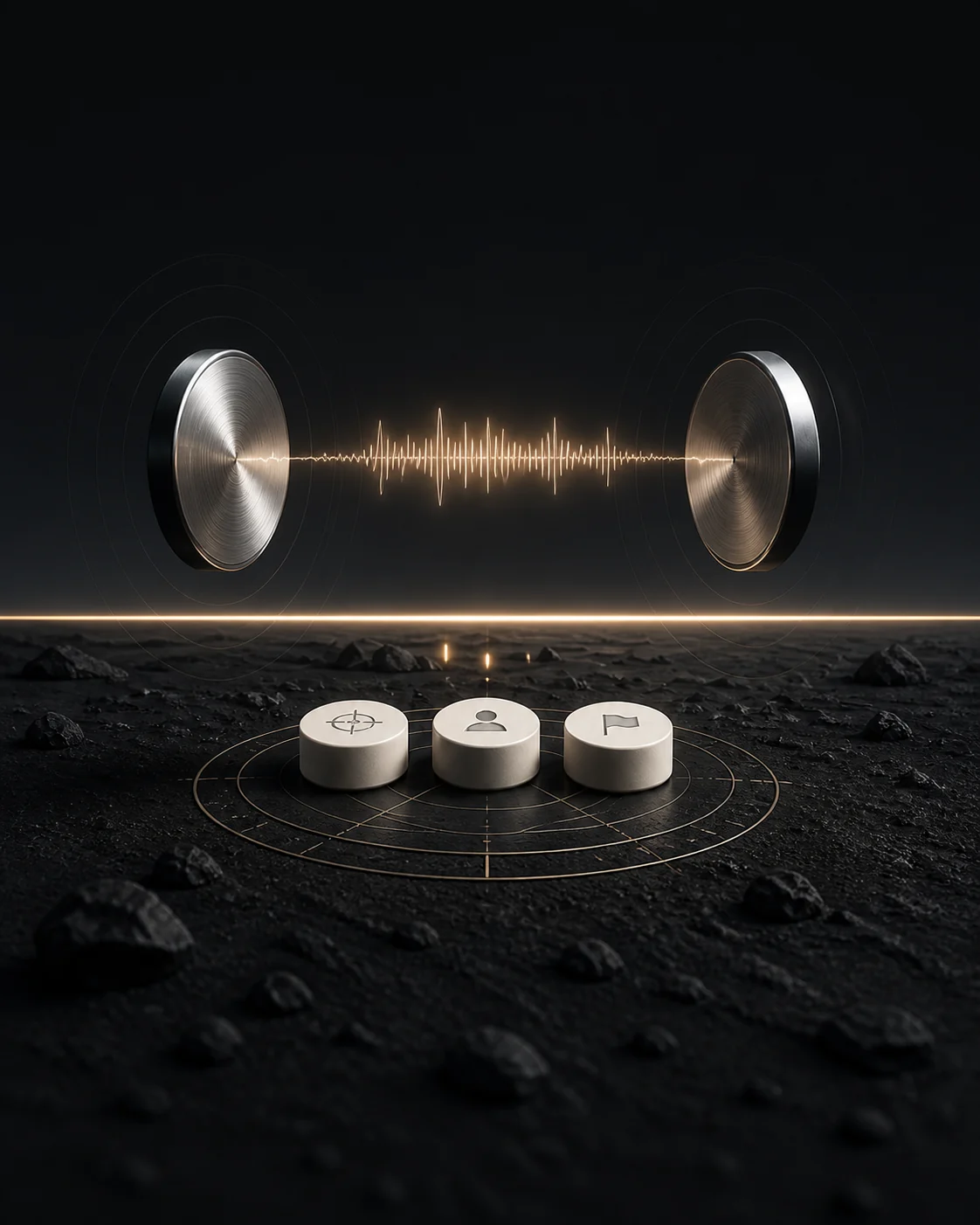 Discos de escucha, ondas de conversación y fichas de objetivos sobre una mesa oscura